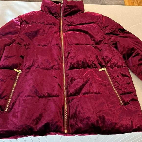 SAKS FIFTH AVENUE BLACK LABEL Burgundy Velvet Full Zip Puff Jacket Zip Pockets L - Picture 3 of 10